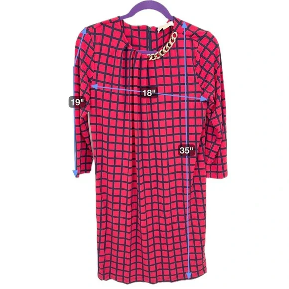 Michael Kors Mod Geometric Grid Print Shift Dress Red Black Chain Neckline Small - Picture 8 of 8